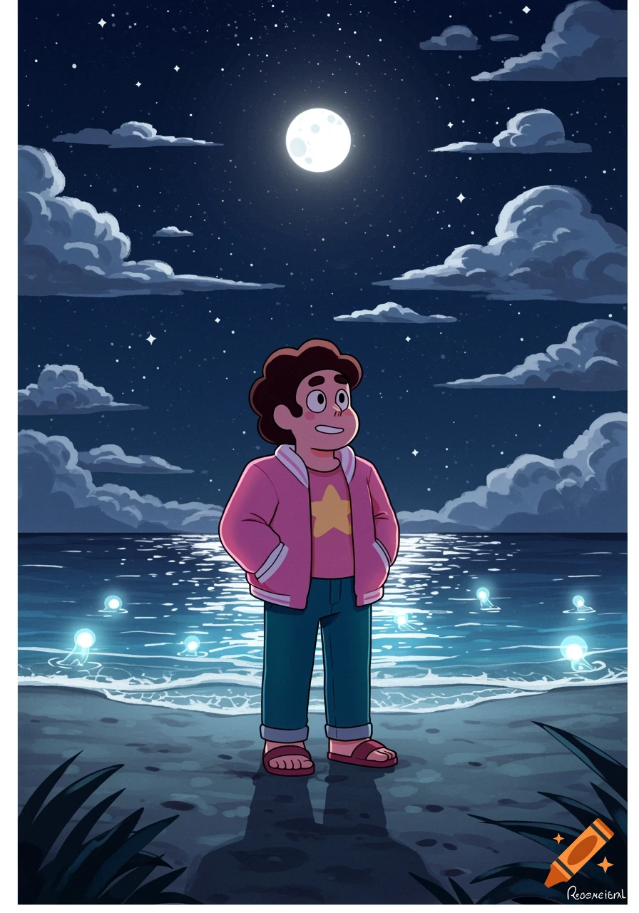 Steven Universe stands on a dark beach at night, looking at glowing orbs in the moonlit ocean.