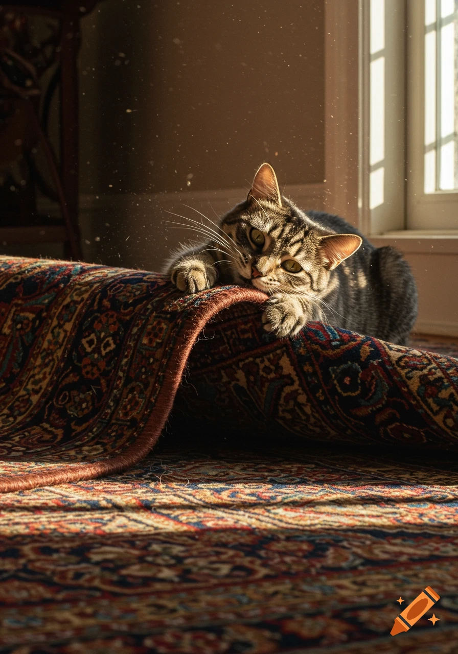 A photorealistic image of a tabby cat lying on a rolled-up patterned rug, playing with it in a sunlit room with dust motes.