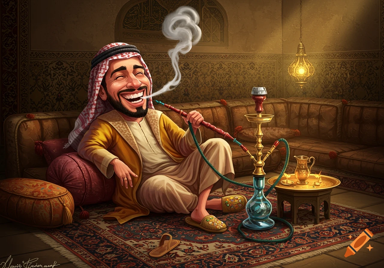 Cartoonish illustration of a laughing Lebanese man relaxing and smoking a hookah in a traditional, warmly lit room.
