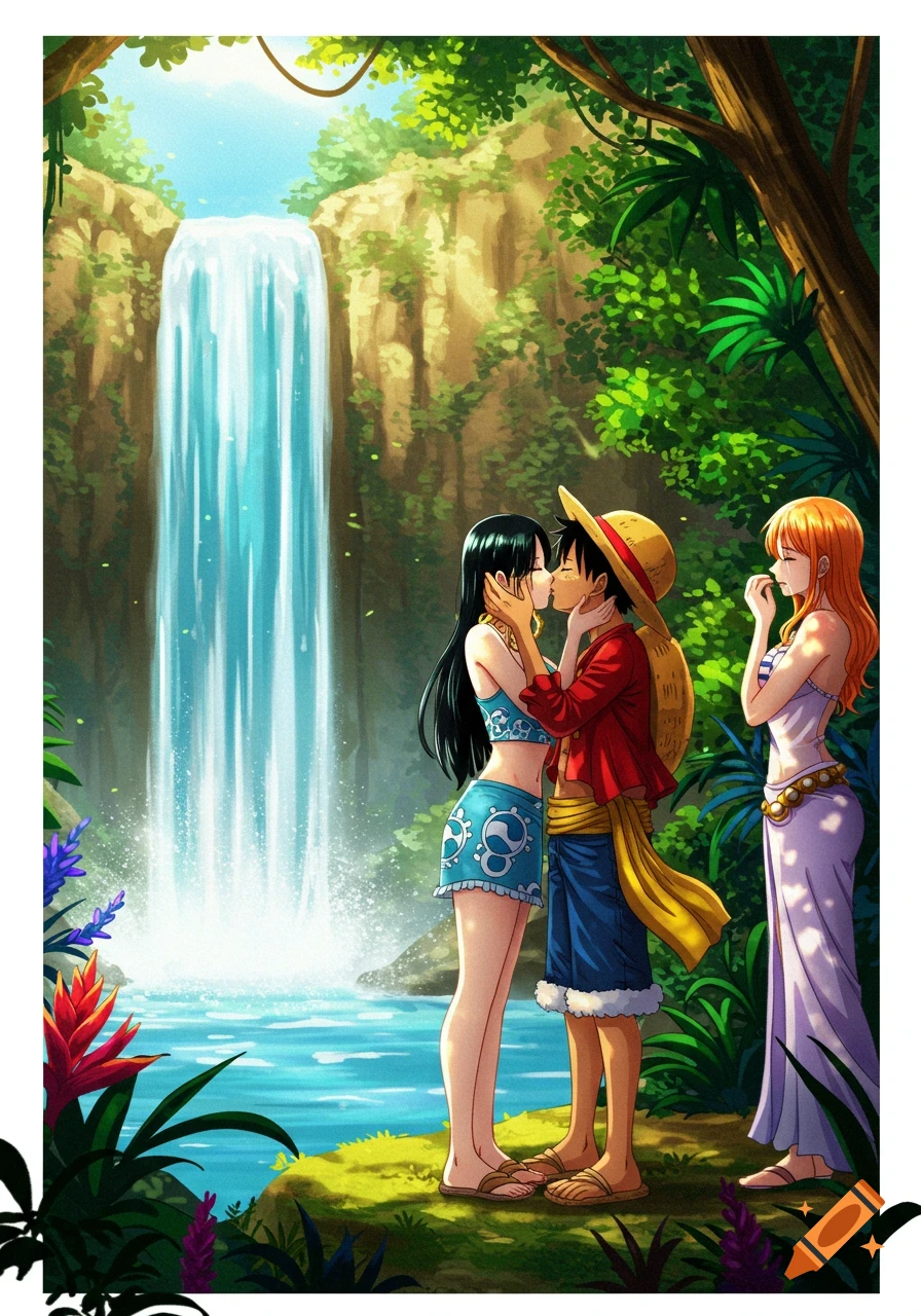 Anime style image of Luffy and Hancock kissing near a waterfall in a lush jungle, with Nami crying in the background.