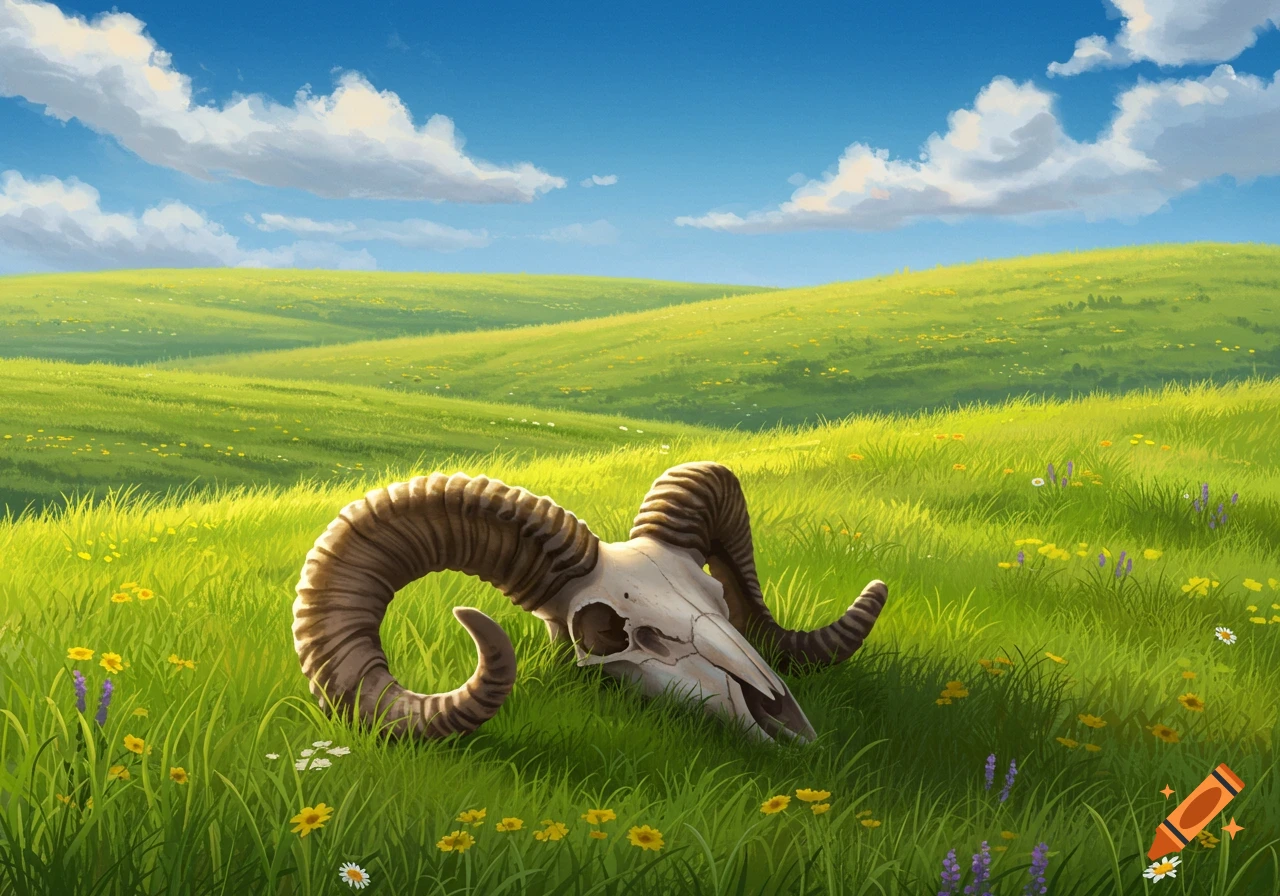 An illustrative landscape of a ram's skull lying in a vibrant green, hilly field with yellow and purple wildflowers under a blue sky with white clouds.