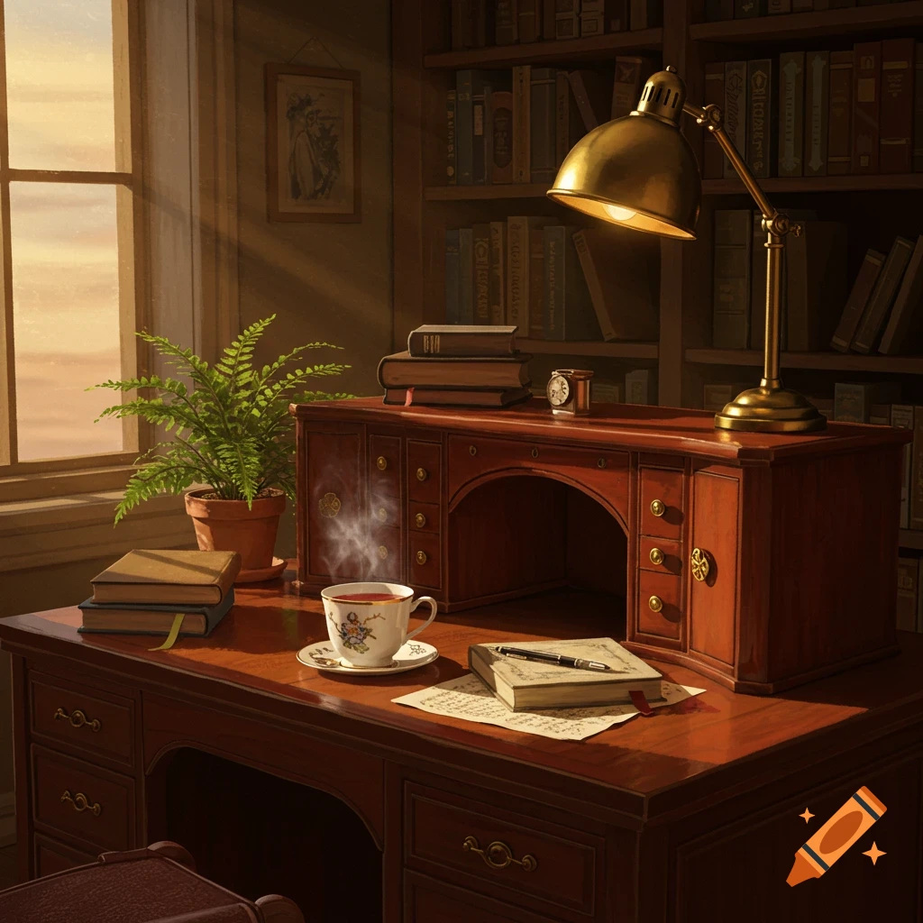 A warmly-lit study room with a wooden desk, books, a steaming cup of tea, and an antique lamp by a window.