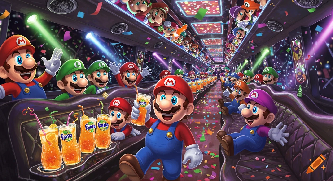 A long party limo filled with many cheerful Mario and Luigi characters celebrating, holding drinks, with confetti falling around them.