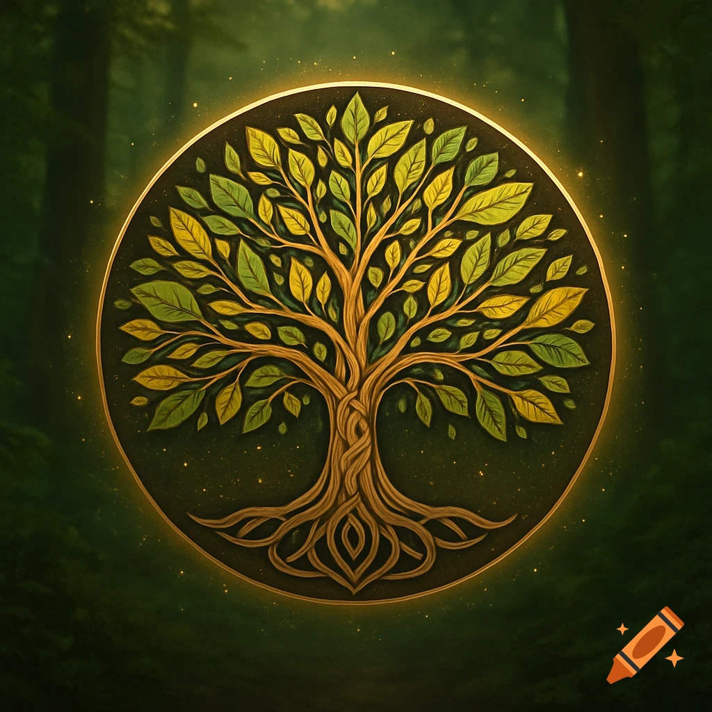Stylized tree of life emblem with green and gold leaves and roots, glowing against a dark forest background.