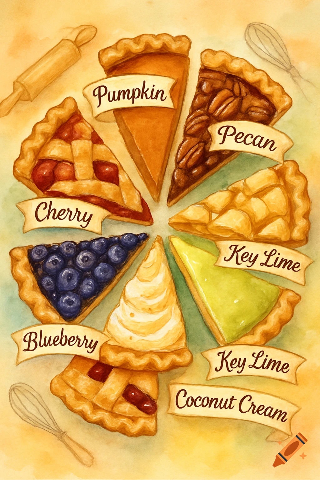 Watercolor illustration of a circular arrangement of labeled pie slices: pumpkin, pecan, cherry, blueberry, key lime, coconut cream.
