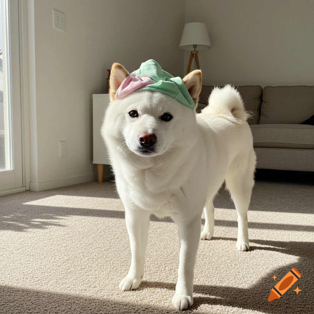 White Shiba Inu dog wearing a green and pink hat, standing on a carpet in a sunny room, looking at the camera. Photorealistic.
