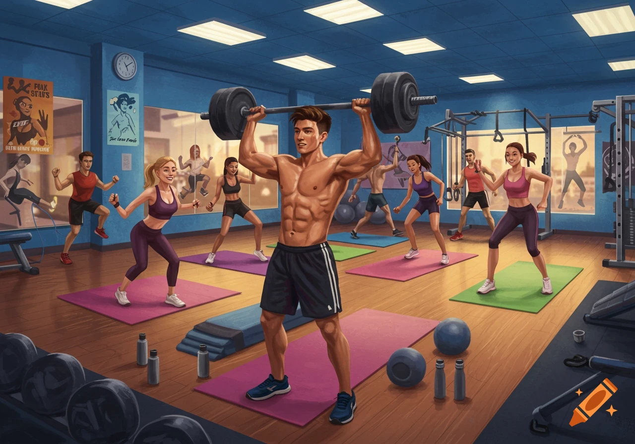 A group of happy, diverse people working out in a bright blue gym, with a shirtless man lifting weights in the foreground. Illustrated style.