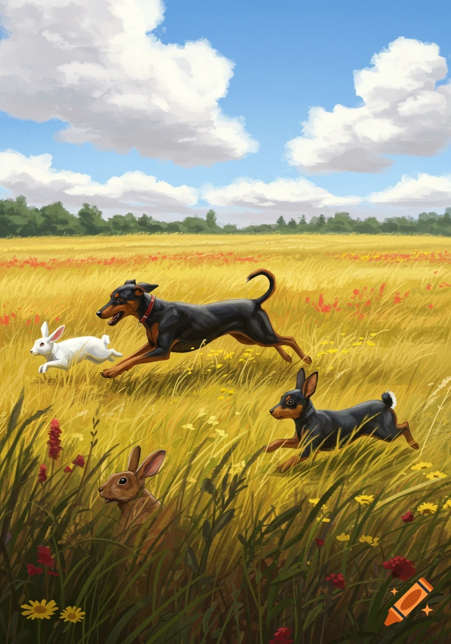 Two German and Miniature Pinscher dogs chase rabbits through a sunny, golden field of wildflowers, illustration.