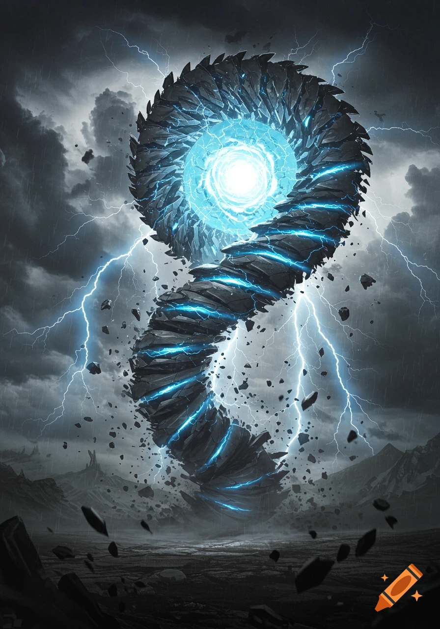 A colossal, dark metal tornado monster with glowing blue energy and lightning descends into a barren landscape under a stormy sky.