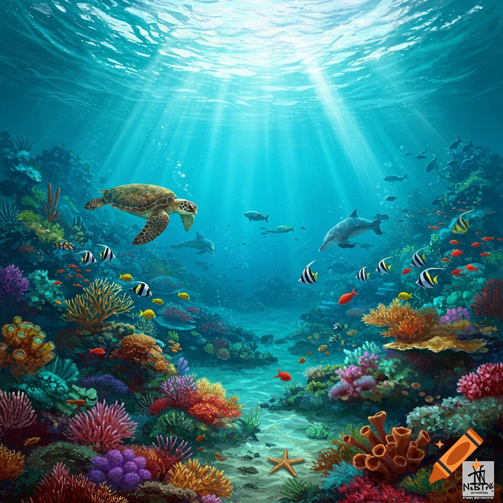Vibrant underwater scene with a sea turtle, dolphins, colorful fish, and a diverse coral reef illuminated by sun rays.