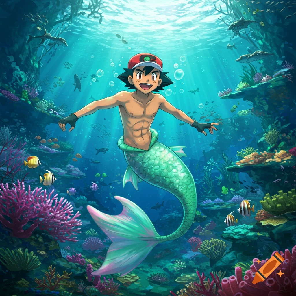 Anime Ash Ketchum merman with a green tail swims shirtless in a vibrant coral reef, surrounded by colorful fish.