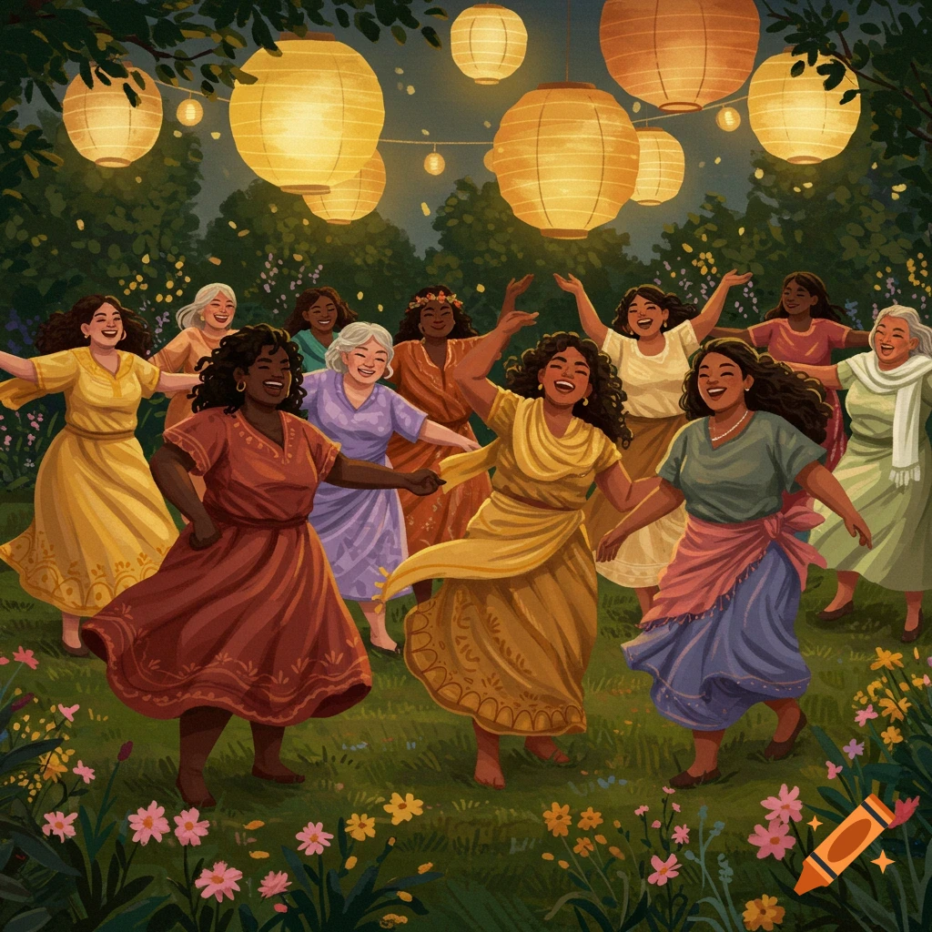 Illustrative image of diverse women dancing happily in a garden at night under glowing paper lanterns.