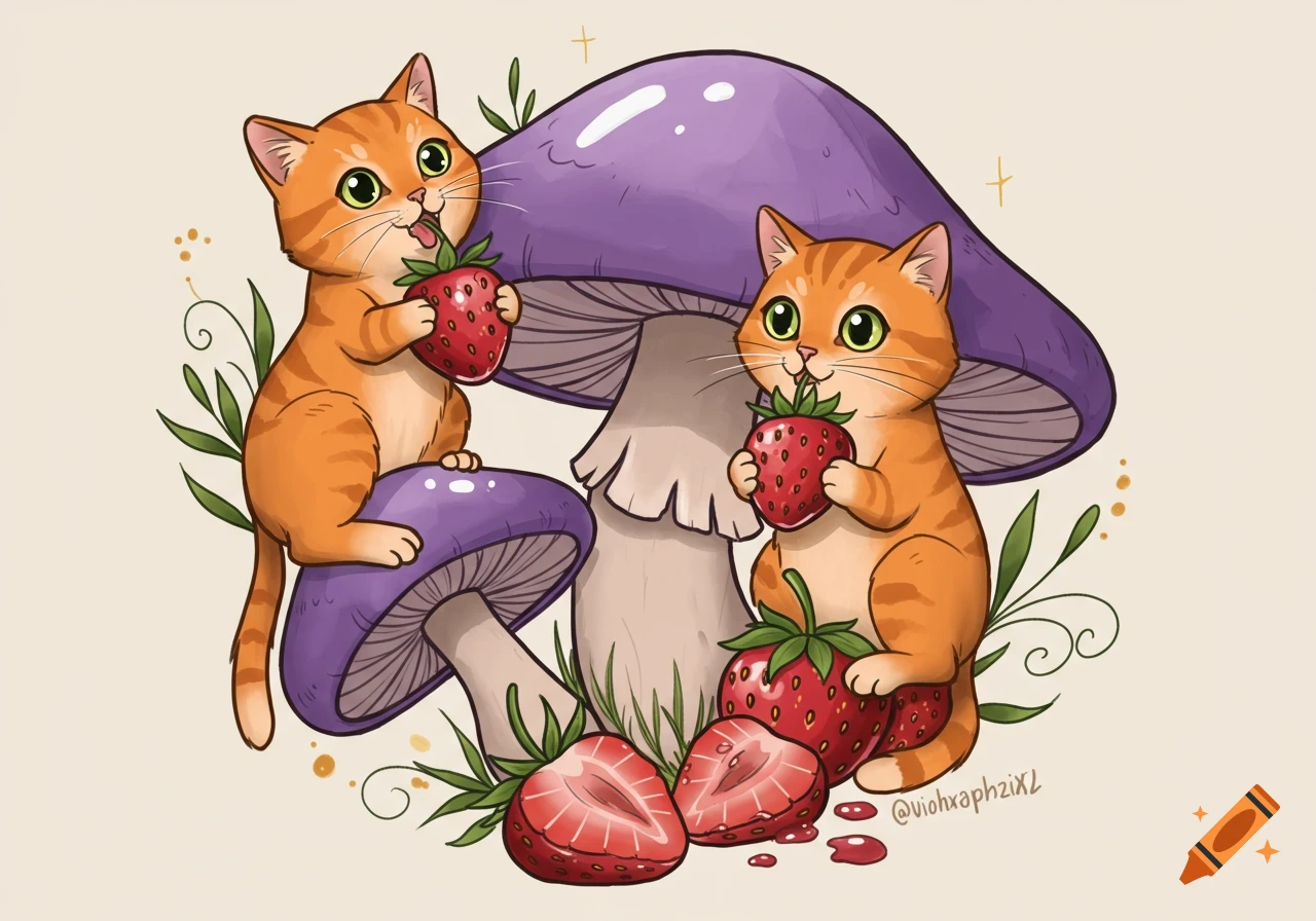 Two cute orange cats with big green eyes sit on purple mushrooms, happily eating strawberries in a whimsical illustration.