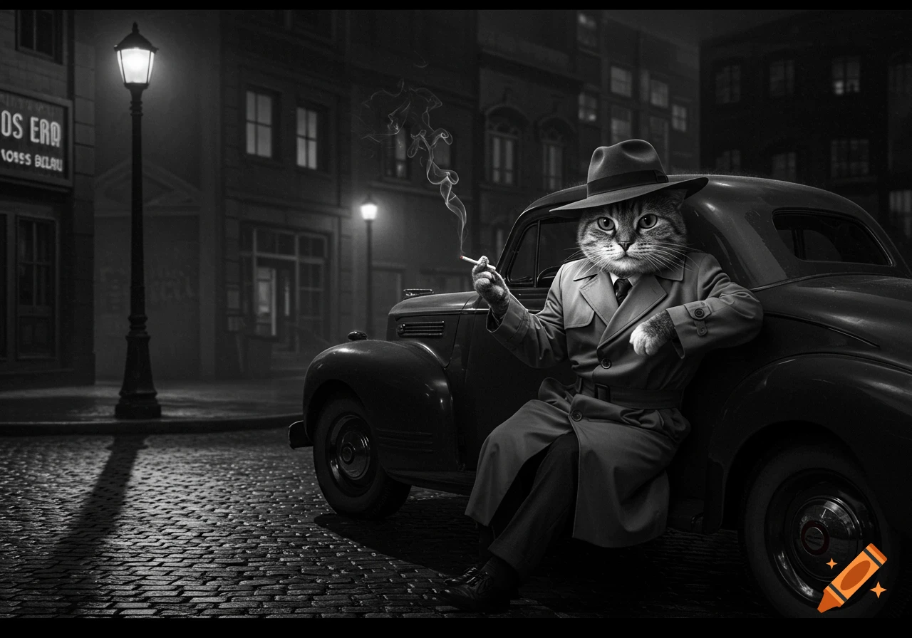 A black and white film noir scene shows an anthropomorphic cat in a trench coat and fedora, smoking a cigarette while leaning on a vintage car on a dark street.
