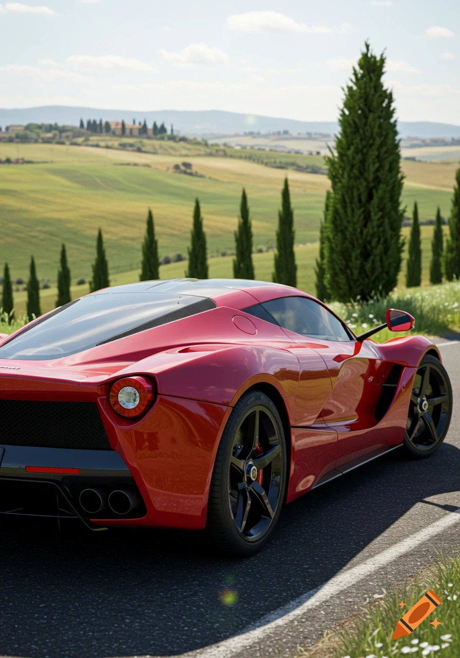 A sleek red Ferrari sports car is parked on a winding road, with rolling green hills and tall cypress trees in the background under a bright sky.