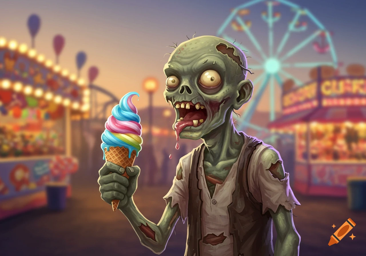 A stylized cartoon zombie with green skin and torn clothes holds a multi-colored ice cream cone at a bright, blurry carnival with a Ferris wheel in the background.