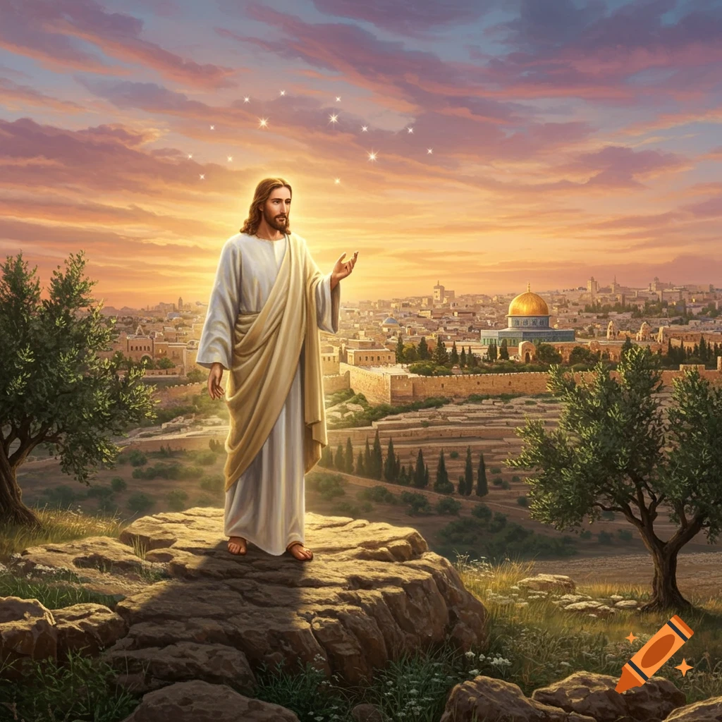 Jesus stands on a rocky hill, arms open, overlooking the ancient city of Jerusalem with the Dome of the Rock under a vibrant sunset sky and stars.