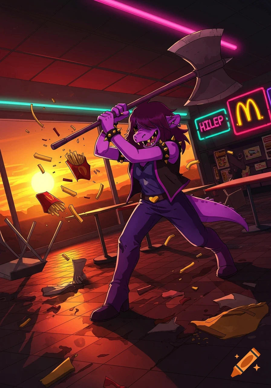 Purple-skinned Susie from Deltarune swings an axe, destroying a McDonald's interior with fries flying, at sunset in an anime style.