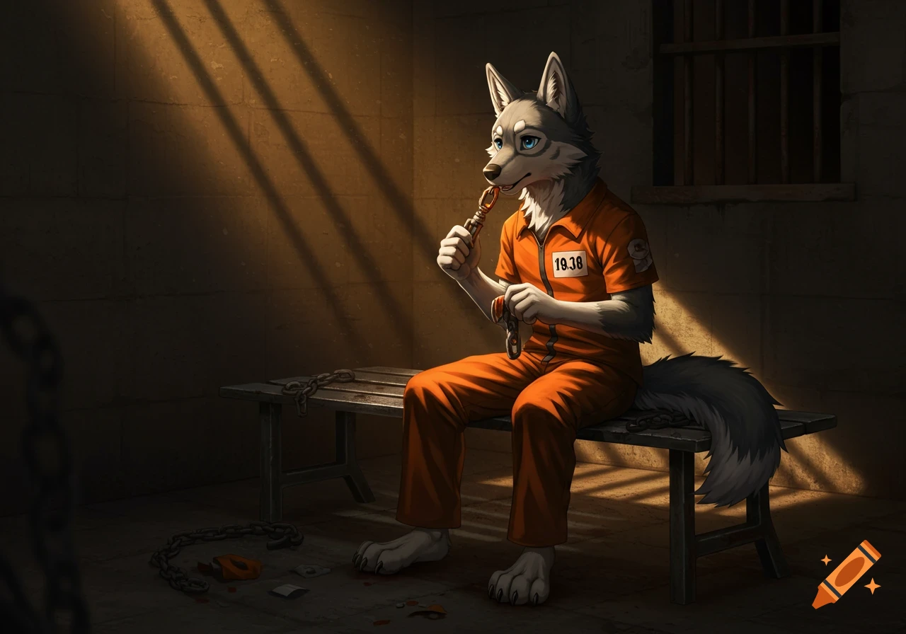 An anthropomorphic grey wolf in an orange prison jumpsuit sits on a bench in a cell, holding a key-like object.