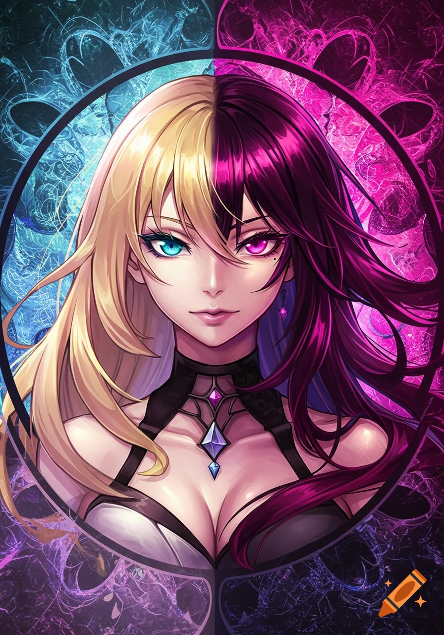 Vibrant anime portrait of a woman split in half: blonde hair/blue eye on left, magenta hair/pink eye on right, dark top, glowing abstract background.