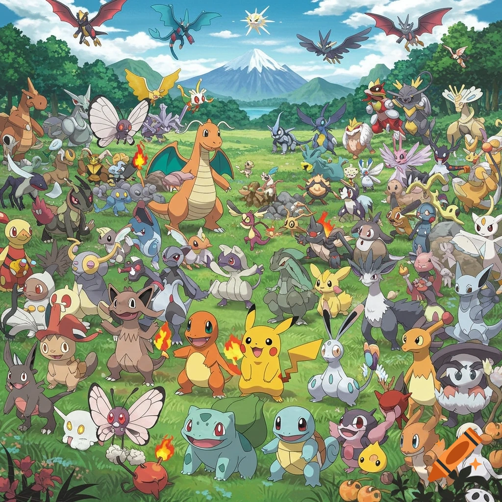 A vibrant illustration of many different Pokémon characters gathered in a lush green field with a mountain in the background.