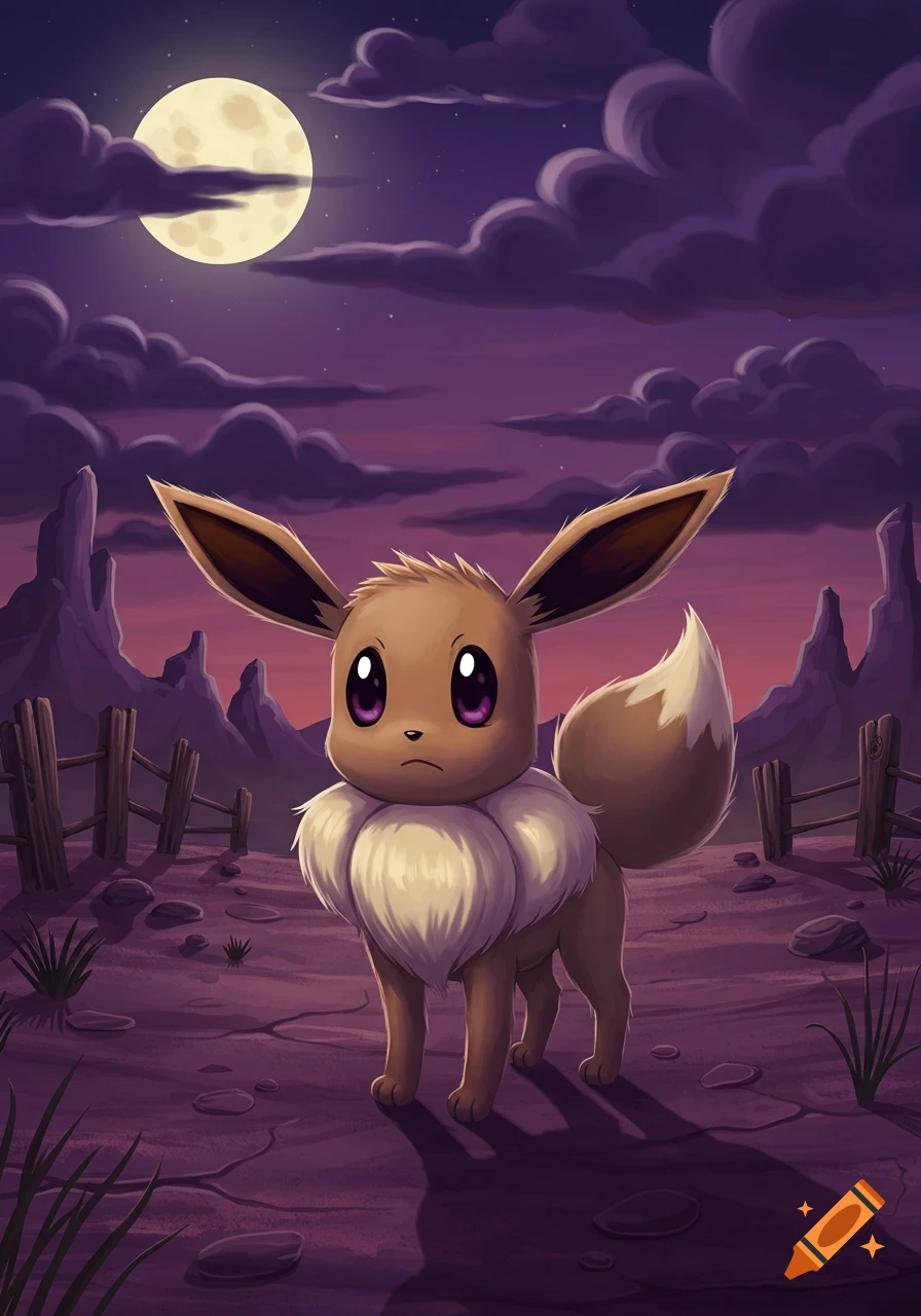 A cartoon Eevee stands in a desolate, rocky landscape under a full moon and purple sky with dark clouds.