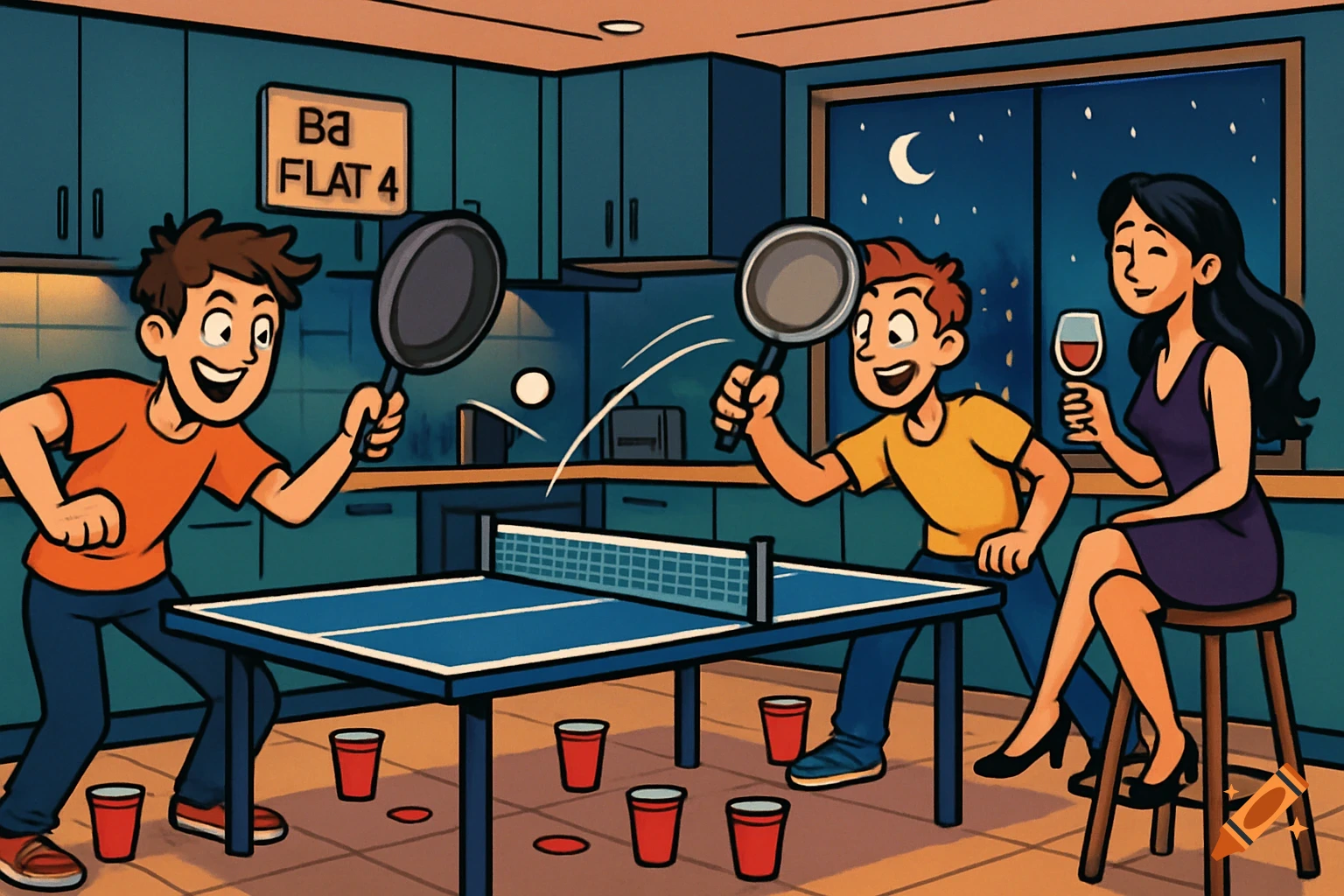 Two cartoon men play ping pong with frying pans in a kitchen at night, while a woman sips wine.