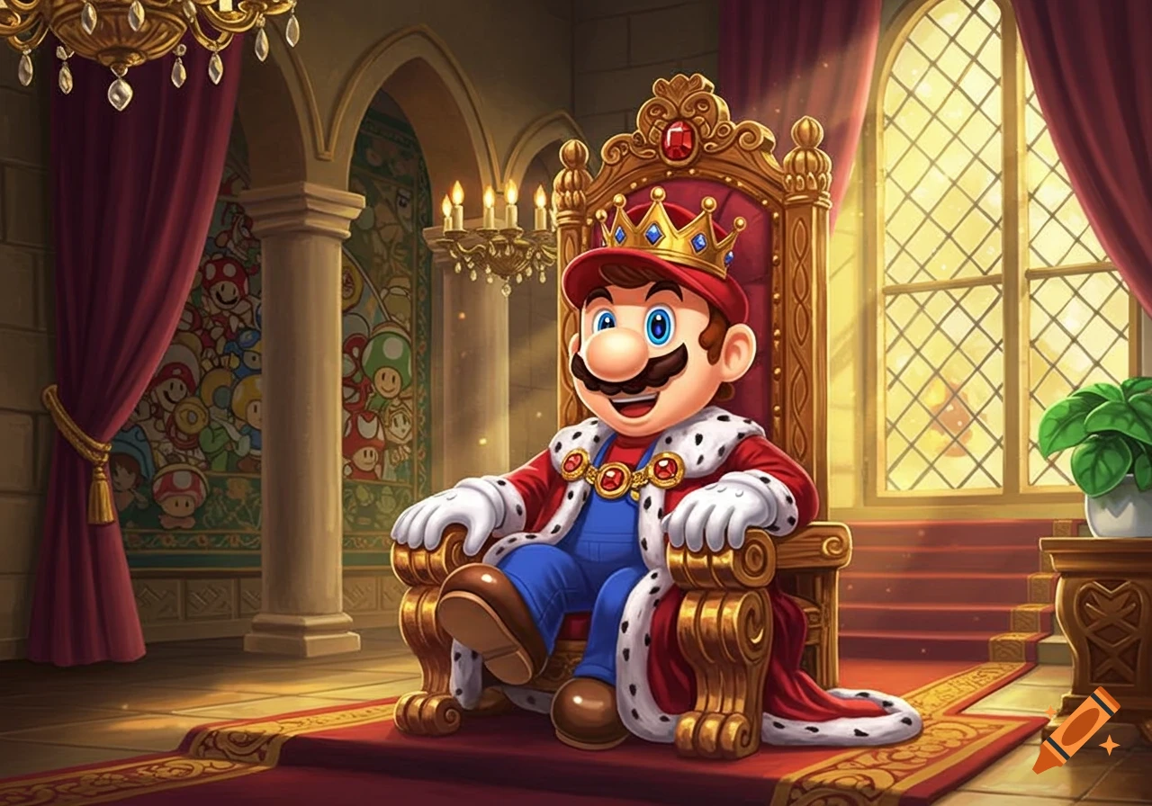 Mario sits on a golden throne, wearing a king's red robe with white fur trim and a golden crown, in a grand castle hall.
