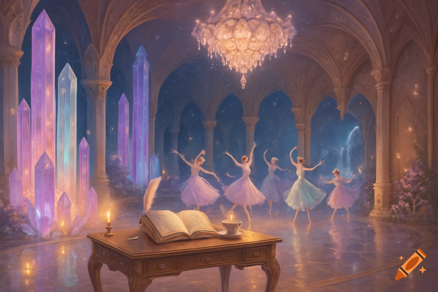 Fantasy scene of princesses dancing ballet in a glowing crystal palace with massive colorful crystals, a sparkling chandelier, and an enchanted open book on a desk.