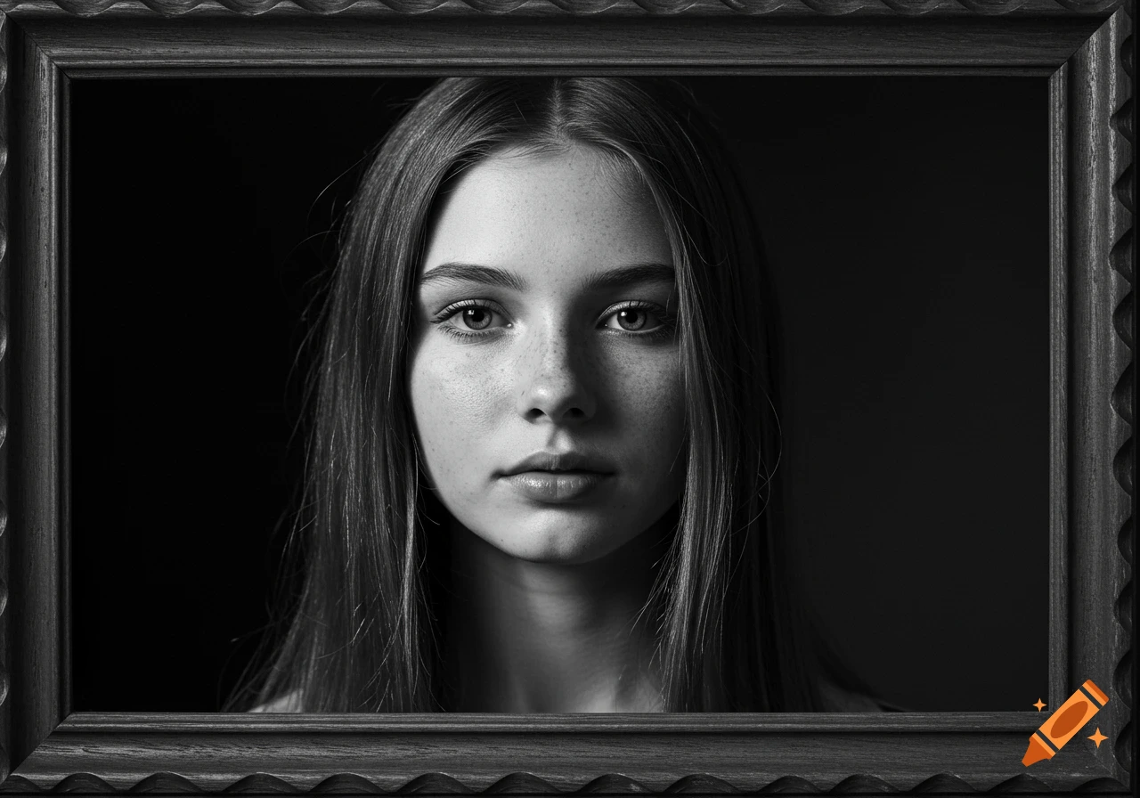 A black and white close-up portrait of a young woman with long hair and freckles, framed by a wooden border.