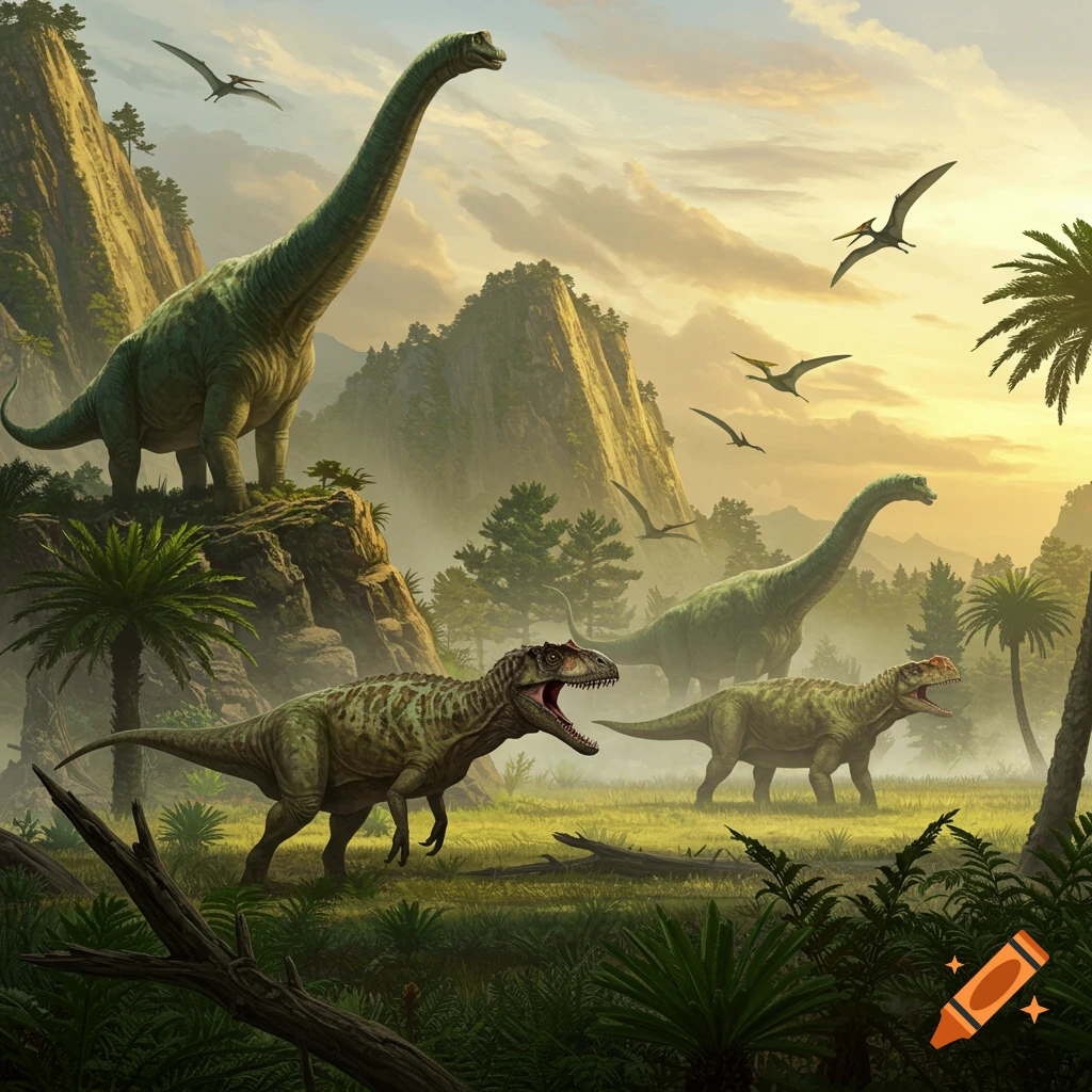 Photorealistic scene of multiple dinosaurs, including large sauropods, theropods, and flying pterosaurs, in a lush, misty prehistoric jungle.