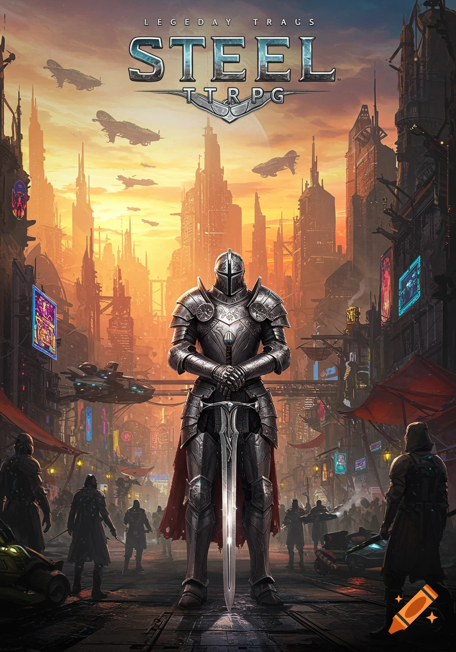 A knight in shining armor stands with a sword in a futuristic, neon-lit city at sunset, with flying vehicles in the sky and other figures in the street. The title 'Steel TTRPG' is at the top.