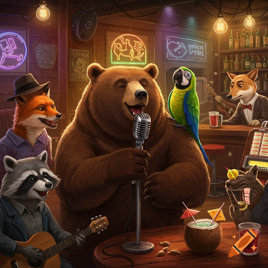 A bear sings into a microphone, a parrot perched on its shoulder, while other anthropomorphic animals play instruments in a lively bar scene.