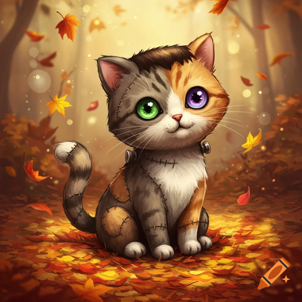 A cute cartoon Frankenstein cat with green and purple eyes sits among autumn leaves in a forest.