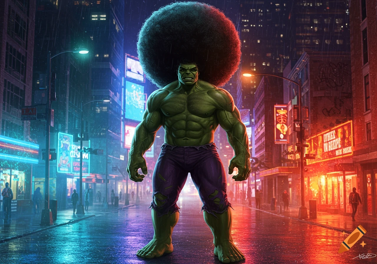 The Hulk, with a large afro, stands in the middle of a rainy, neon-lit city street at night, looking menacing.
