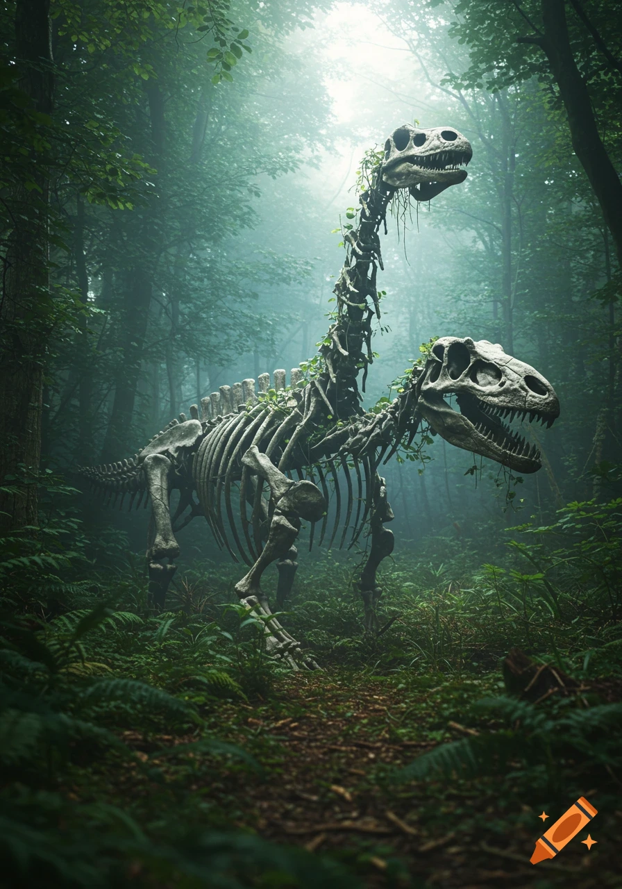 Two dinosaur skeletons covered in vines stand on a path in a misty, lush forest, illuminated by light from above. Photorealistic.