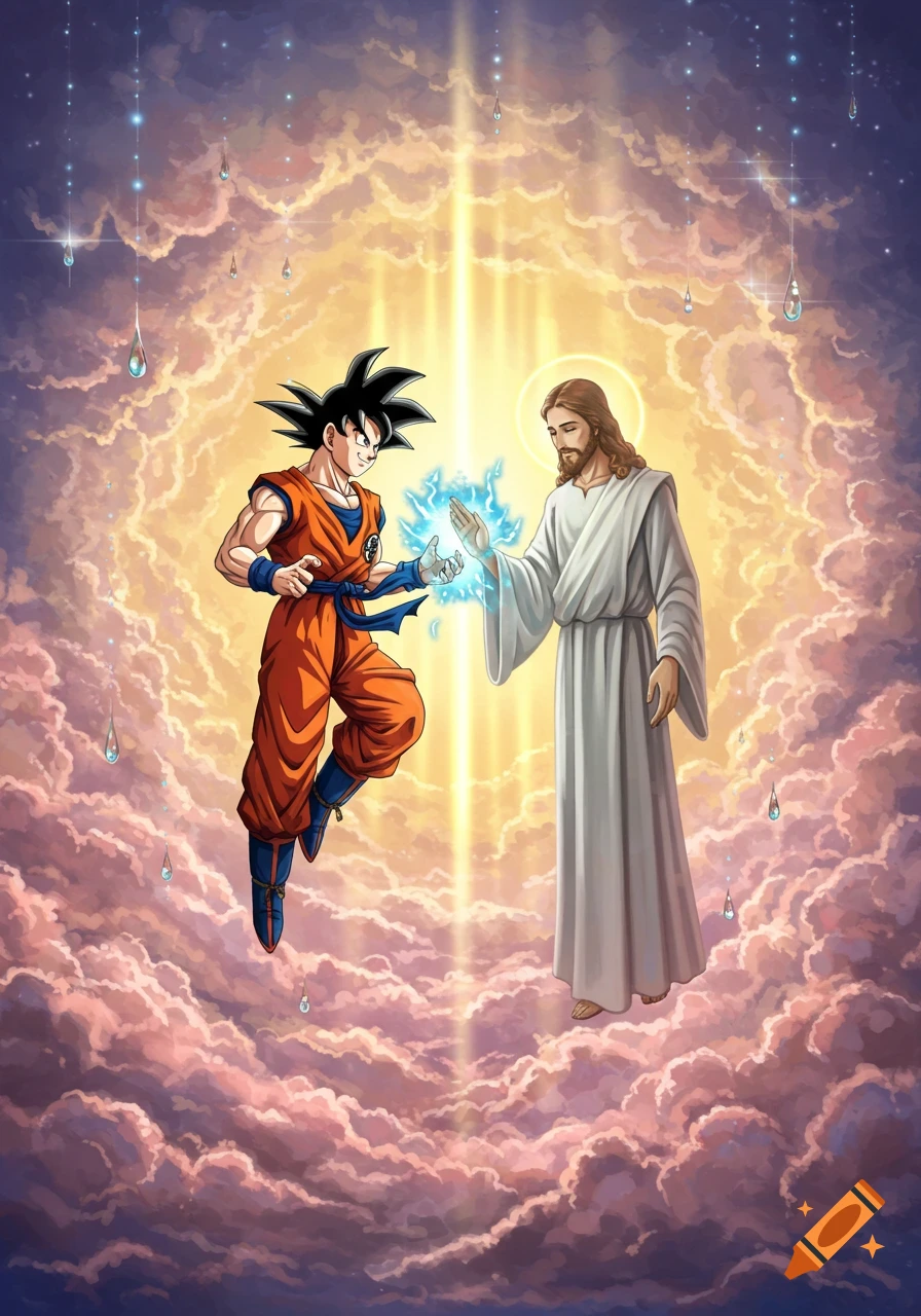 Goku and Jesus Christ stand in a glowing celestial cloudscape, Goku holding a blue energy orb.