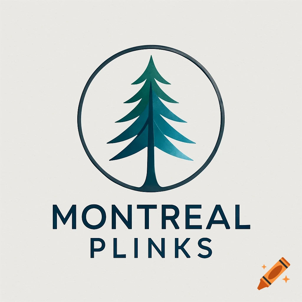 A logo with a stylized green and blue pine tree inside a dark circle, above the words 'MONTREAL PLINKS' in dark blue text on a light background.