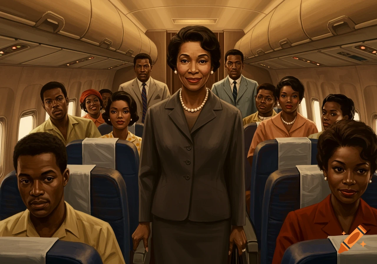 An elegant African American woman stands smiling in the aisle of an airplane, surrounded by other African American passengers in a retro illustrative style.