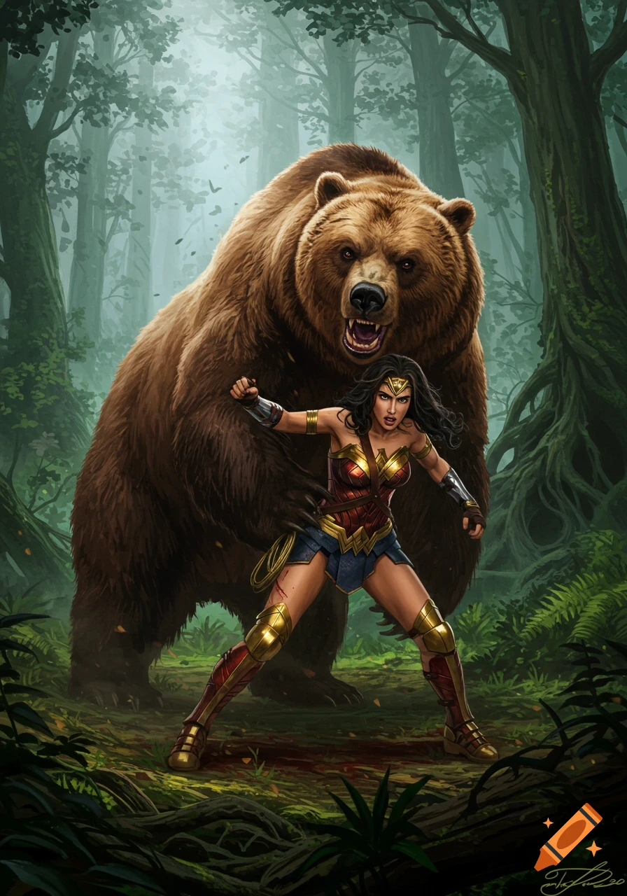 Wonder Woman, injured, stands defensively in a lush forest with a large roaring bear behind her. Comic book art.