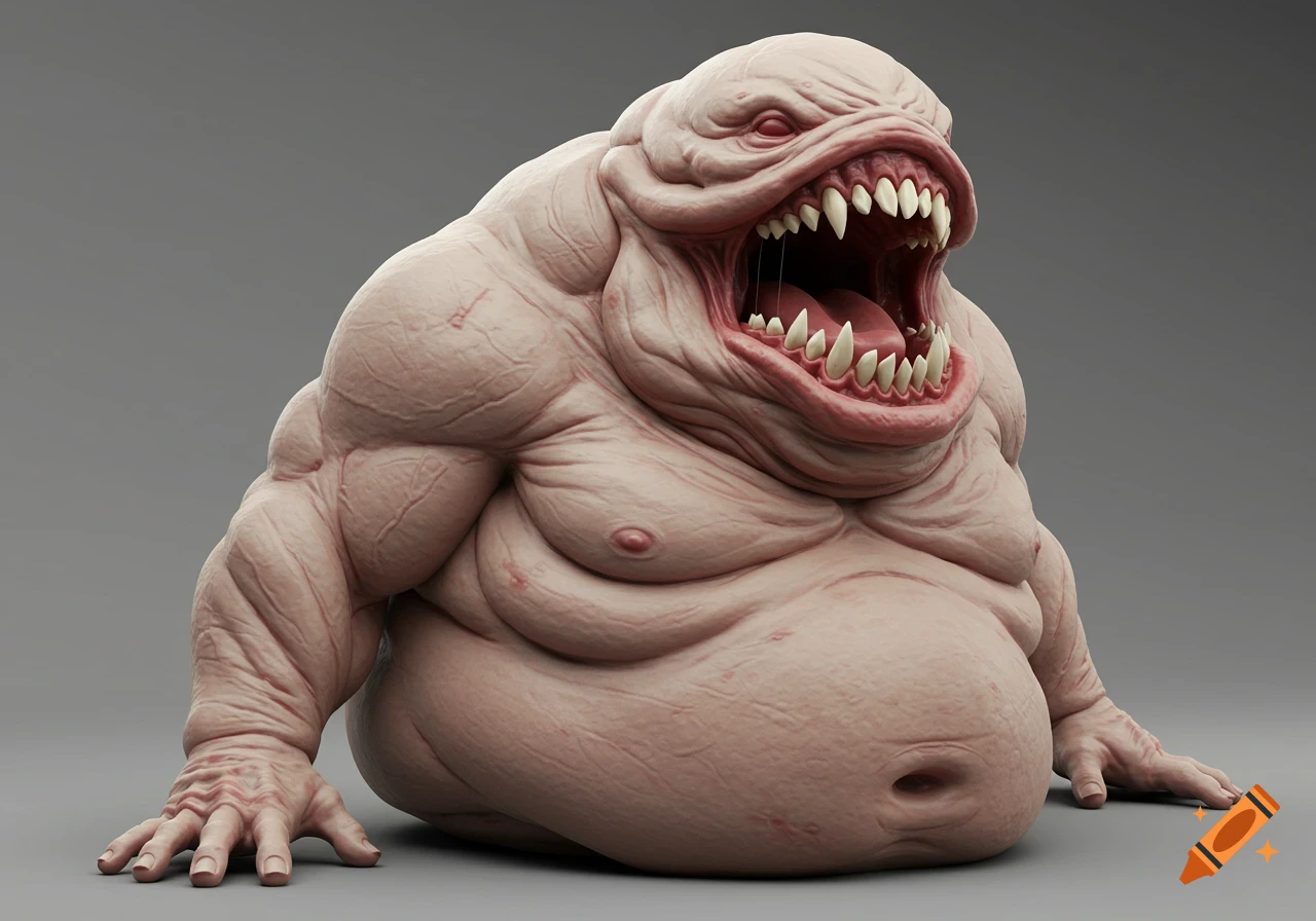 Highly detailed 3D render of a grotesque, pale, corpulent creature with a huge gaping mouth full of sharp teeth, against a gray background.