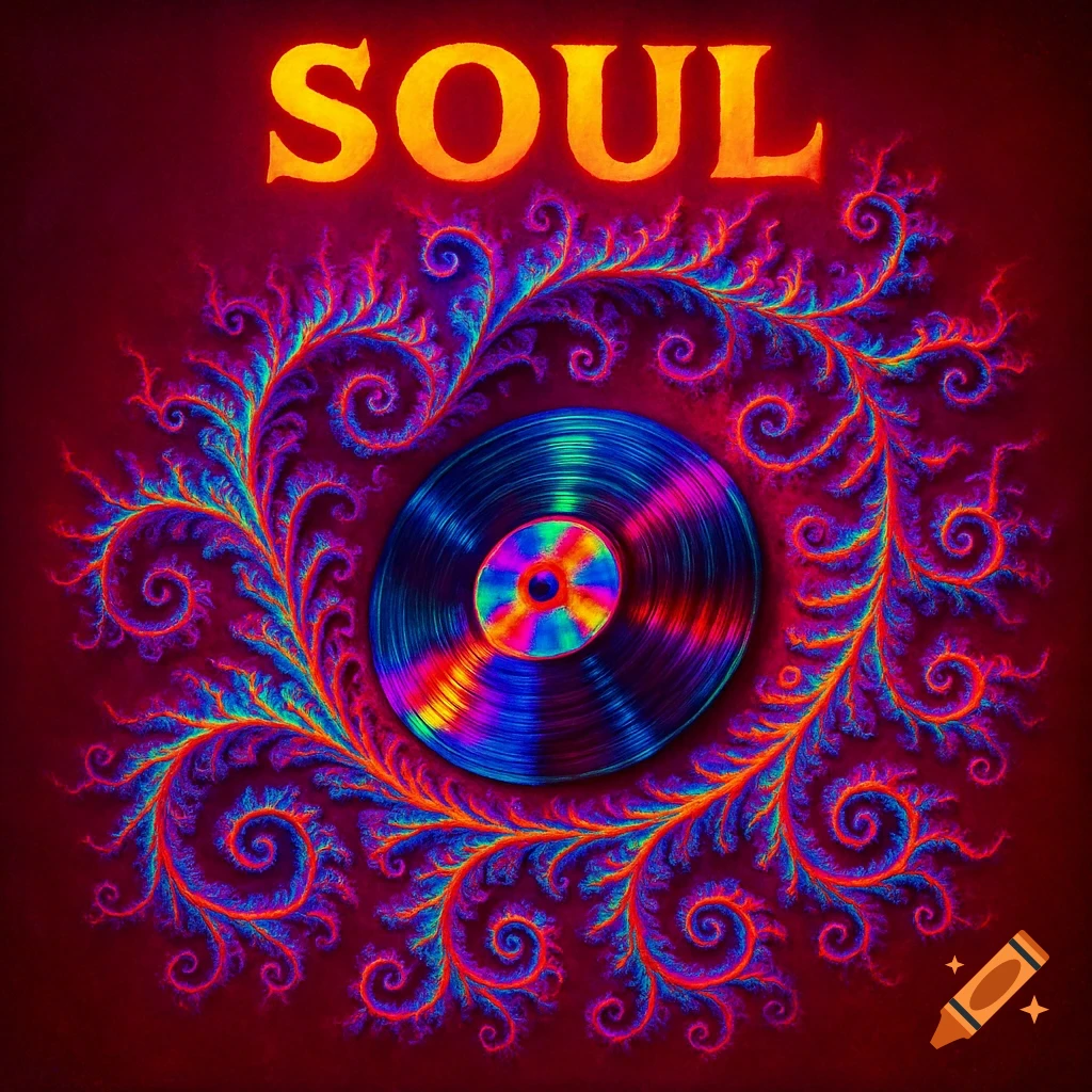 A psychedelic record cover with a rainbow vinyl record centered in a vibrant fractal design and glowing 'SOUL' text on a red background.