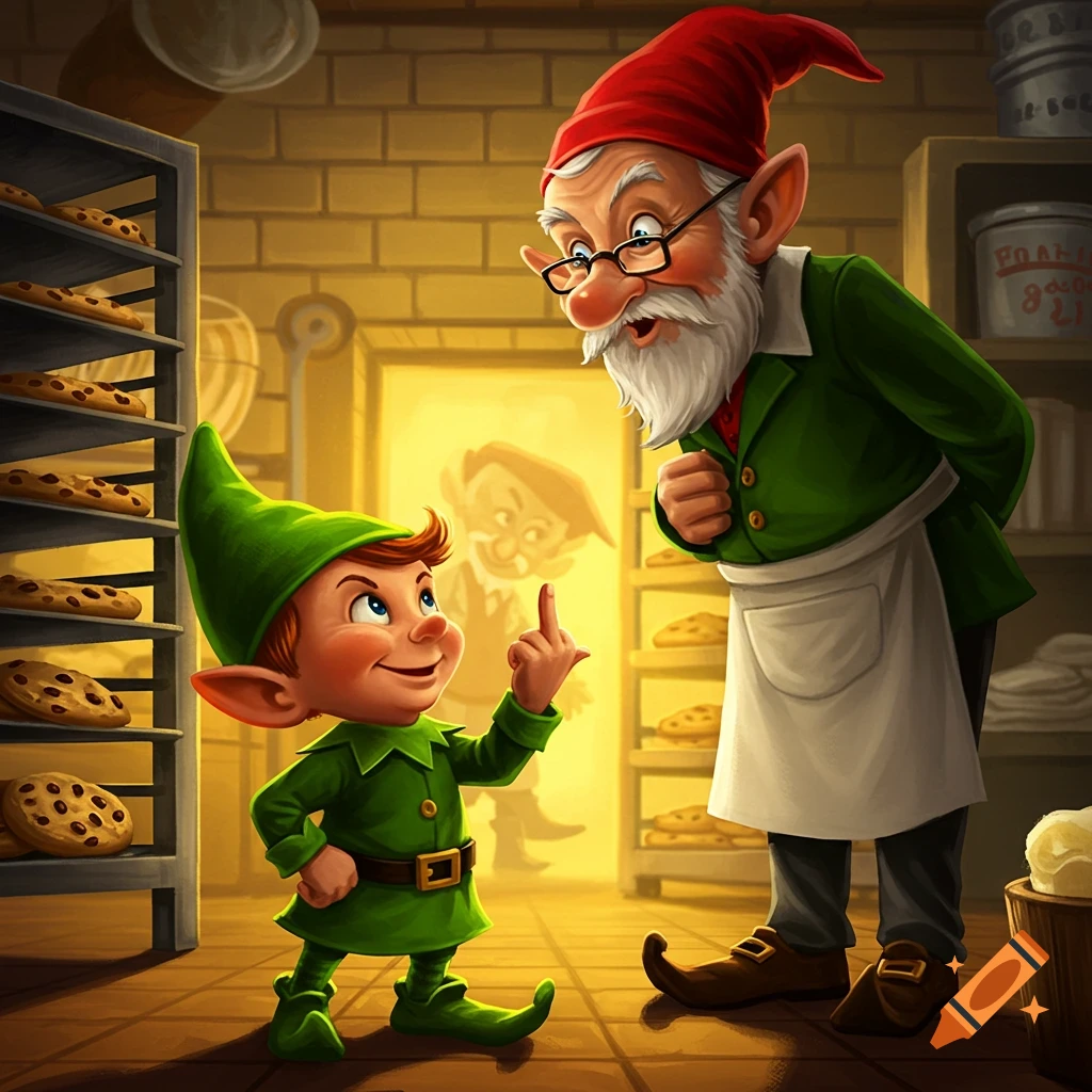 A cartoon elf in green gives the middle finger to an older gnome with a red hat in a brightly lit bakery with shelves of cookies.