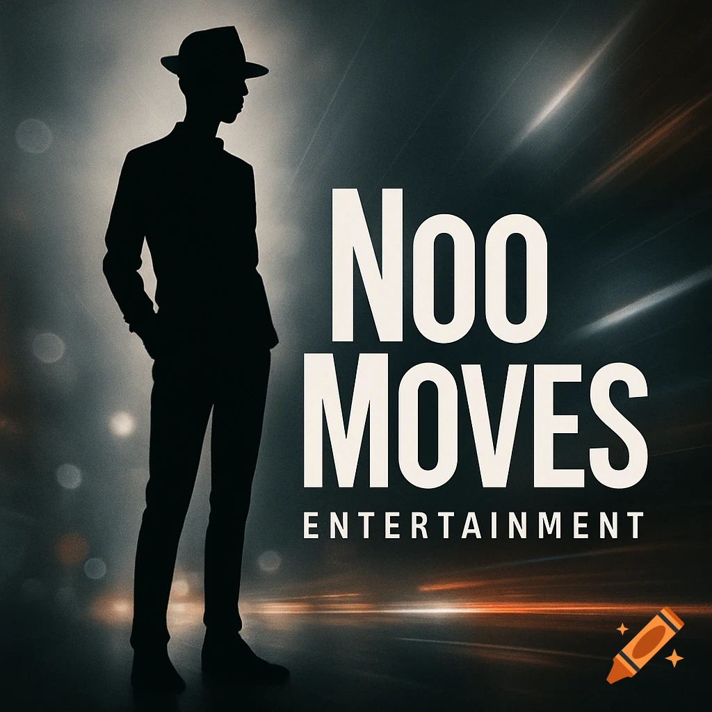 A sleek silhouette of a man in a hat against an urban, energetic background, with text 'Noo Moves Entertainment'.