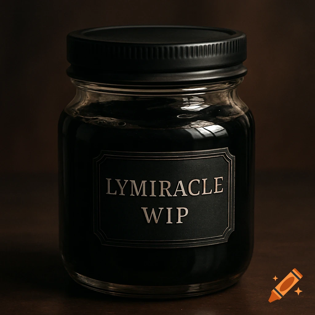 A photorealistic image of a glass jar filled with dark black liquid, featuring a label that reads "LYMIRACLE WIP".