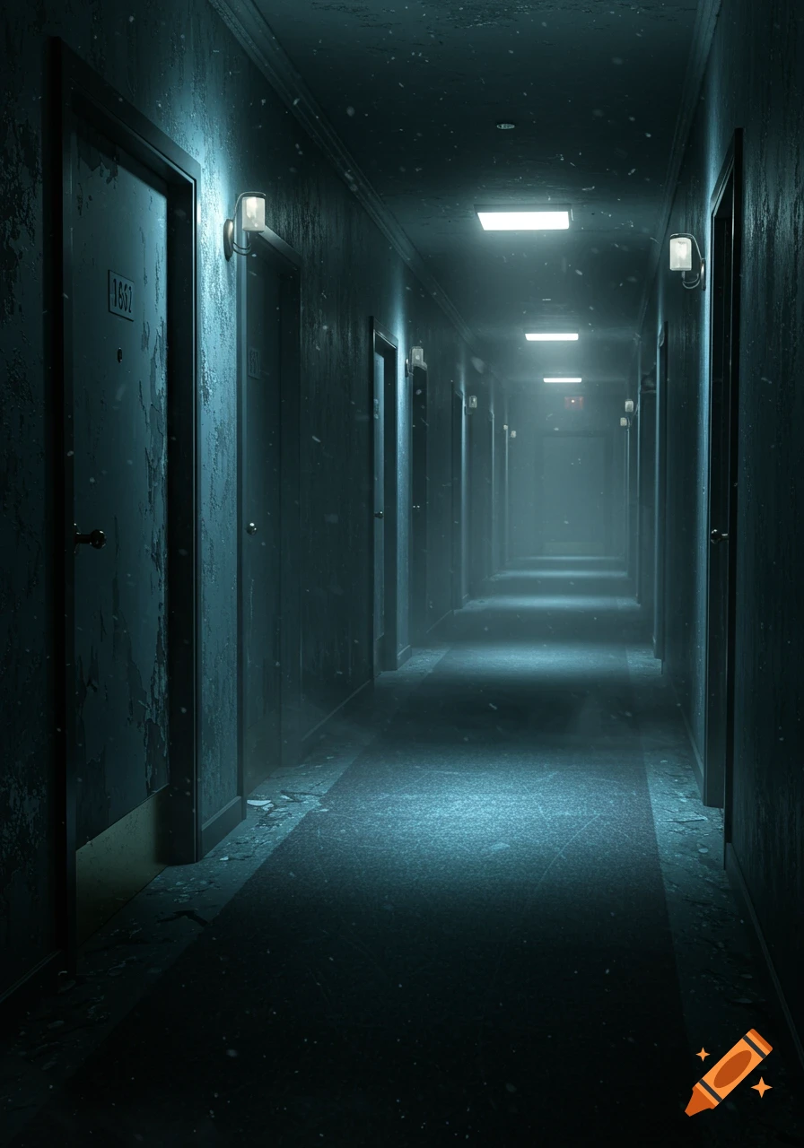 A long, dark, and eerie hotel hallway with peeling walls, numbered doors, and flickering lights, creating a tense, atmospheric scene.