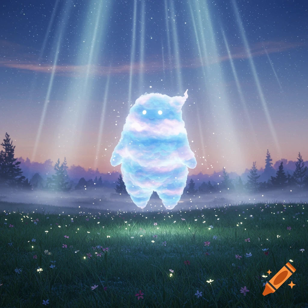 A glowing, striped cloud creature floats above a field of luminous flowers under a starry sky with light beams.