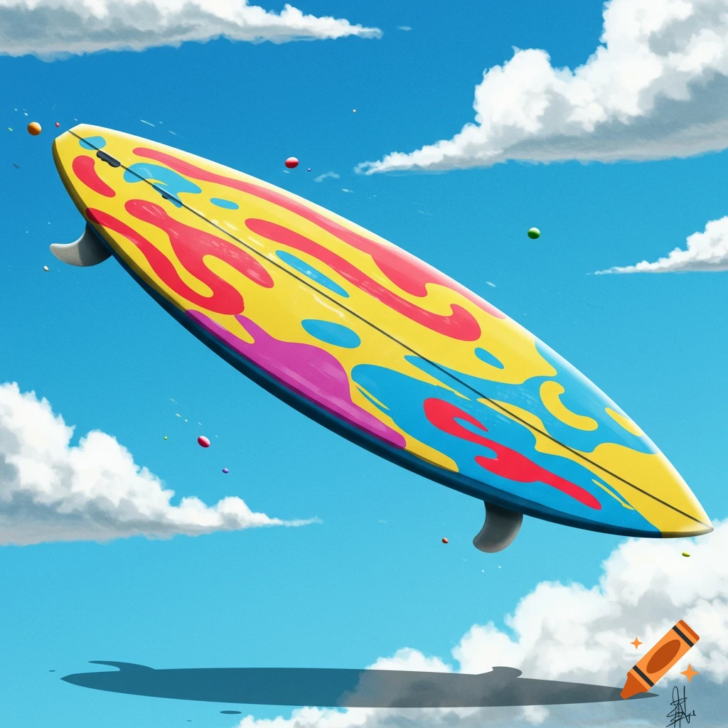 A vibrant, abstractly patterned yellow surfboard floats in a bright blue sky with white cartoon clouds.