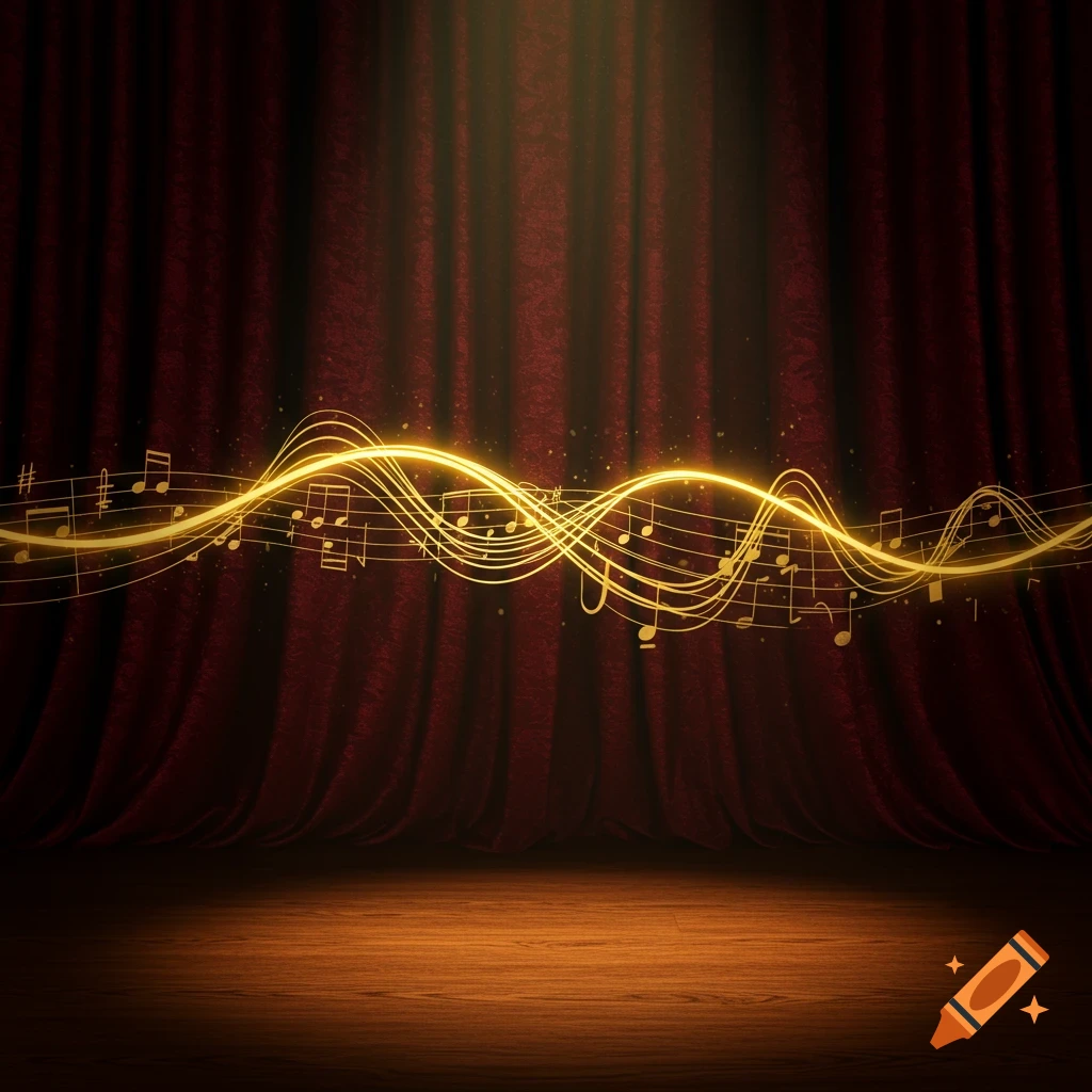 A dramatic stage with deep red velvet curtains and a polished wooden floor, a spotlight shining on luminous golden musical notes flowing across.