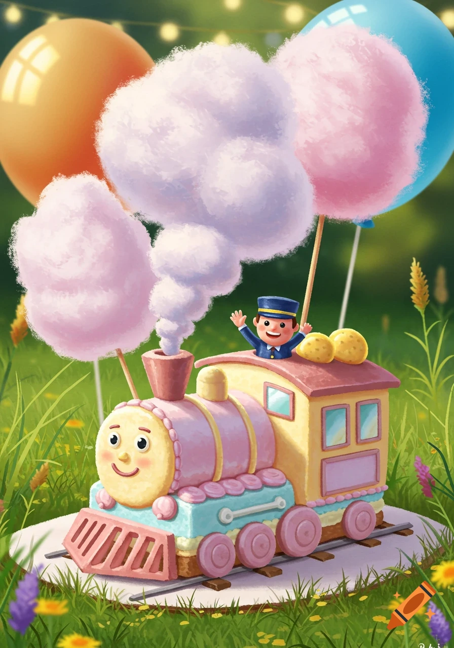 Whimsical cartoon illustration of a train-shaped birthday cake with an engineer, cotton candy smoke, and balloons in a grassy field.